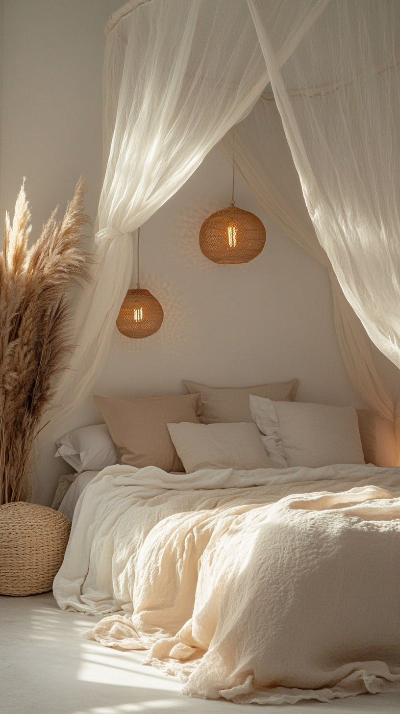 Canopy Bed Setup with Gauze Drapes and Gold Lantern Lights