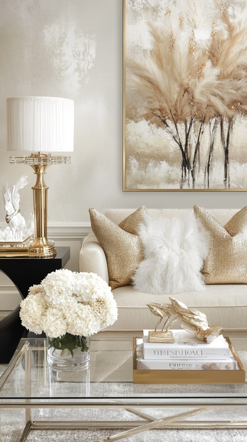Champagne Toned Glam Living Room with Lucite Tables