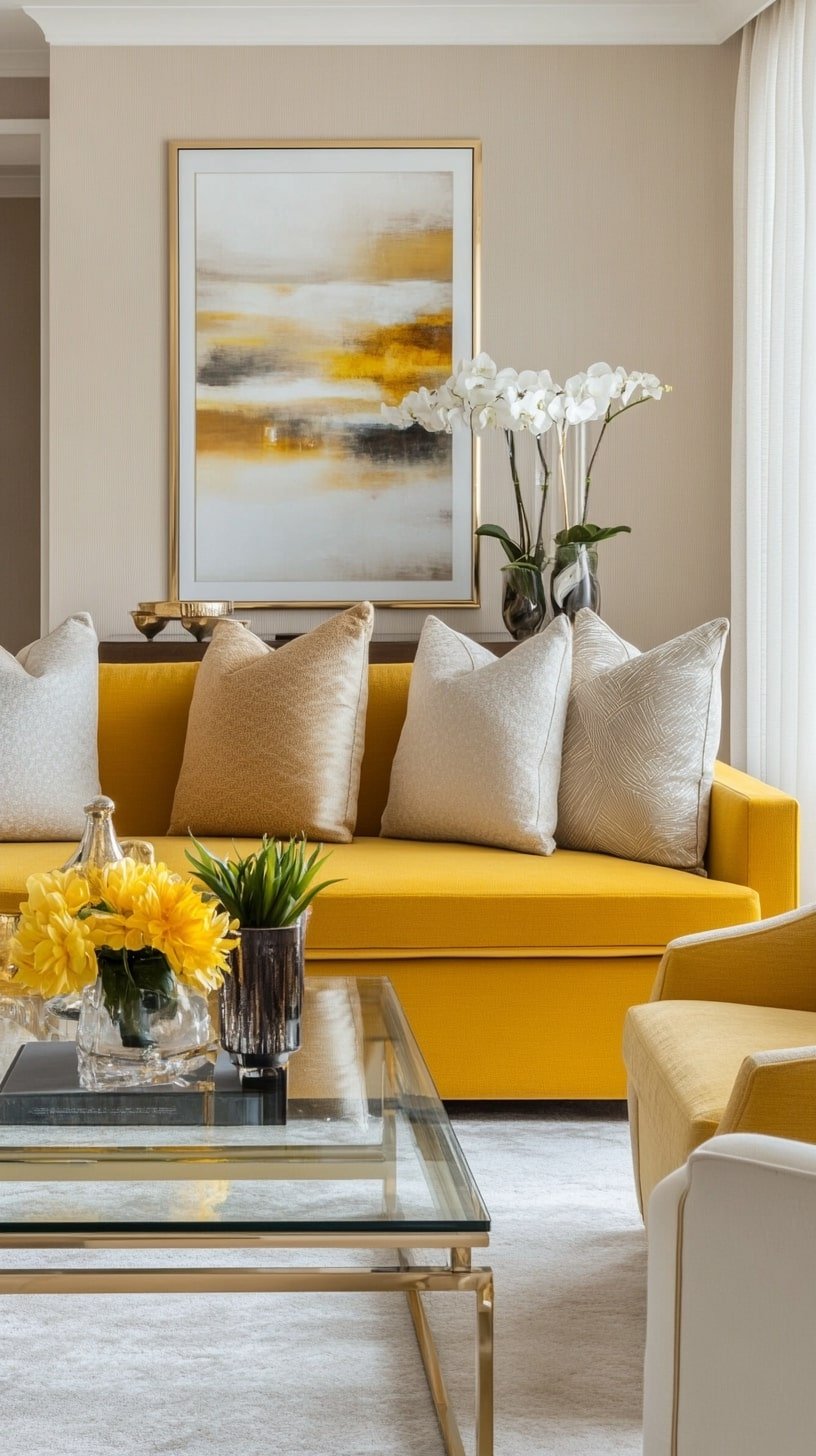 Chic Neutral Living Room with Yellow Pop Sofa