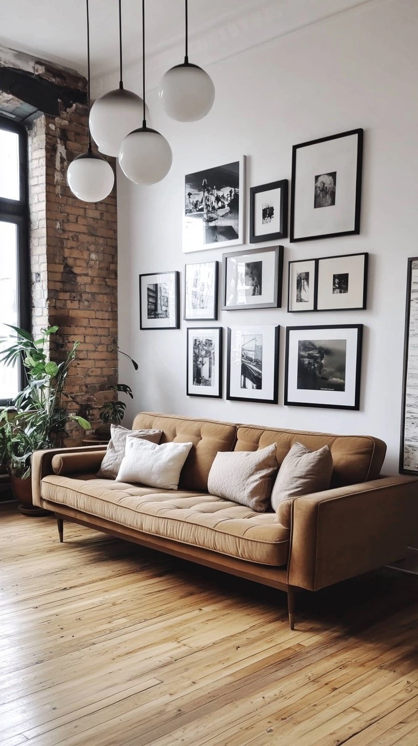 Chic Urban Space with Tan Couch and Gallery Wall