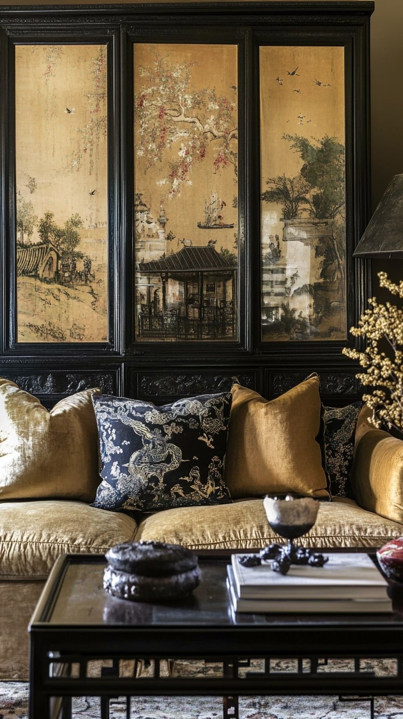 Chinoiserie-Inspired Antique Salon with Hand-Painted Panels and Lacquered Cabinets
