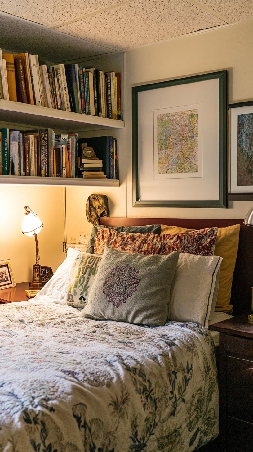 Classic Dorm Room with Bookshelf Headboard