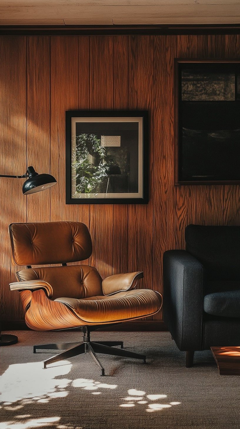 Classic Midcentury Living Room with Eames Lounge Chair and Walnut Paneling