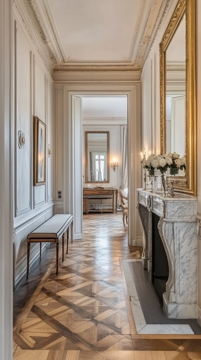 Classic Narrow Room with Fireplace and Mirror Wall