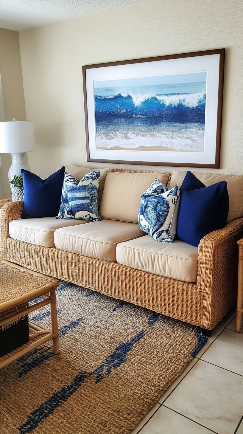 Coastal-Inspired Living Room with Tan Sofa and Blue Accents
