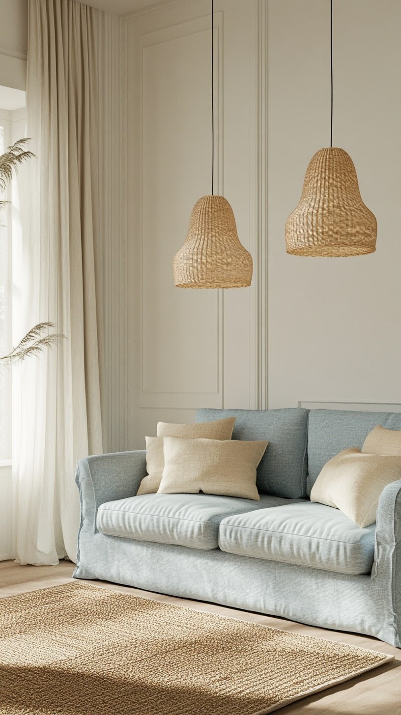 Coastal-Inspired Room with Blue Couch and Woven Decor