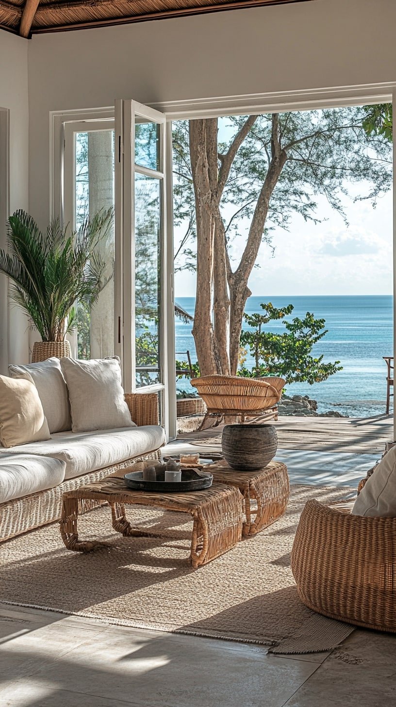 Coastal Mediterranean Living Room with Rattan and Ocean Views