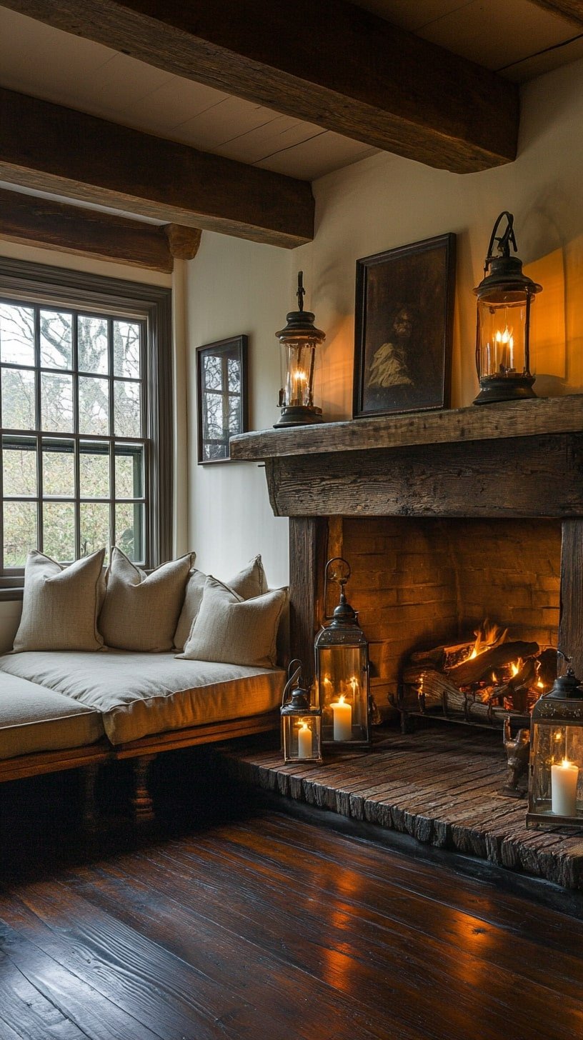 Colonial American Living Room with Spindle Chairs and Hearthstone Fireplace
