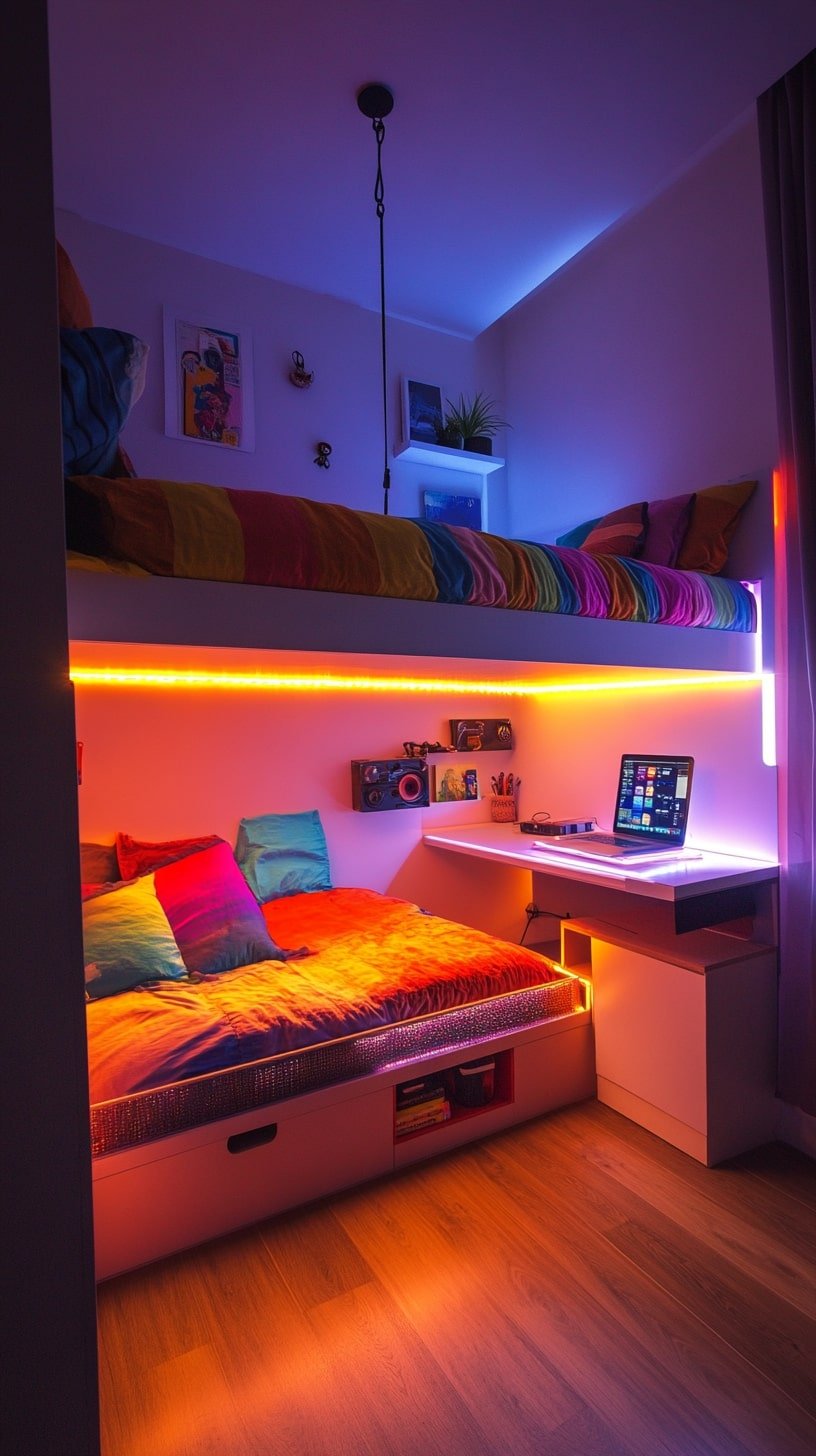 Colorful Dorm Loft with Desk and LED Lights