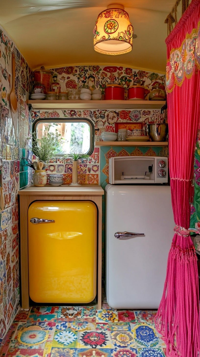 Compact Boho RV with Retro Fridge and Beaded Curtains