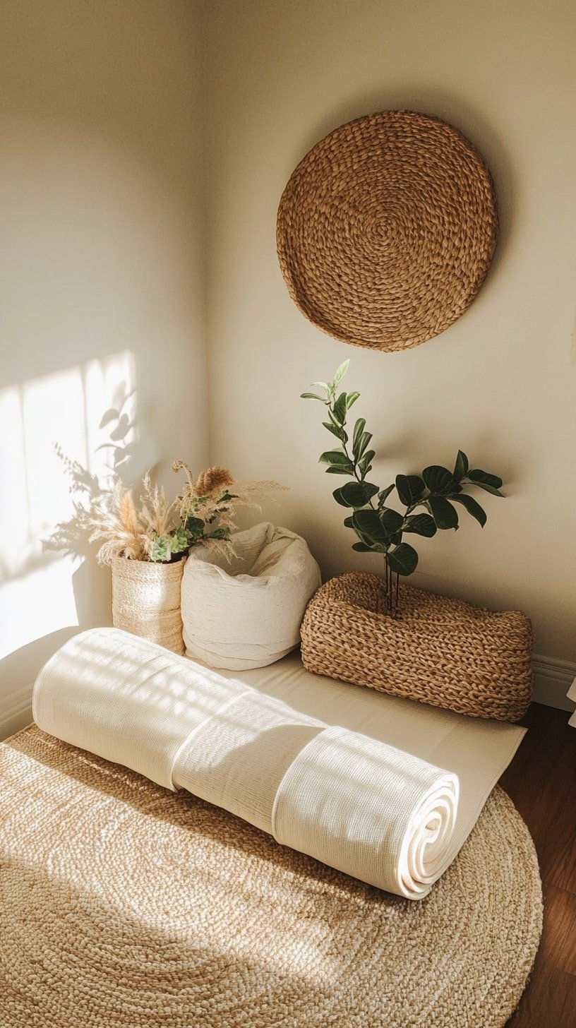 Compact Corner Yoga Nook with Woven Accents