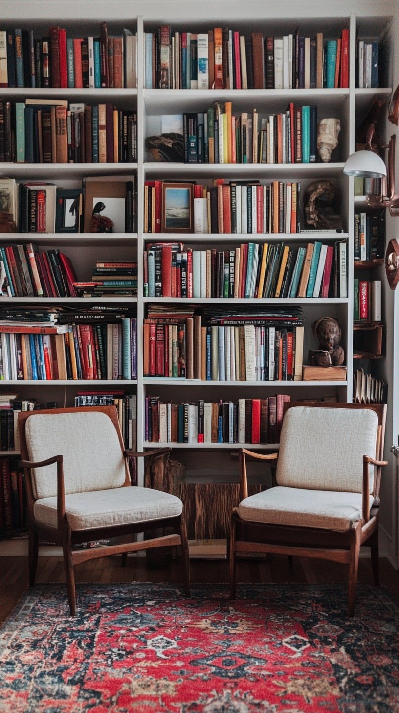 Compact Living Room with Midcentury Armchairs and Bookshelf Wall