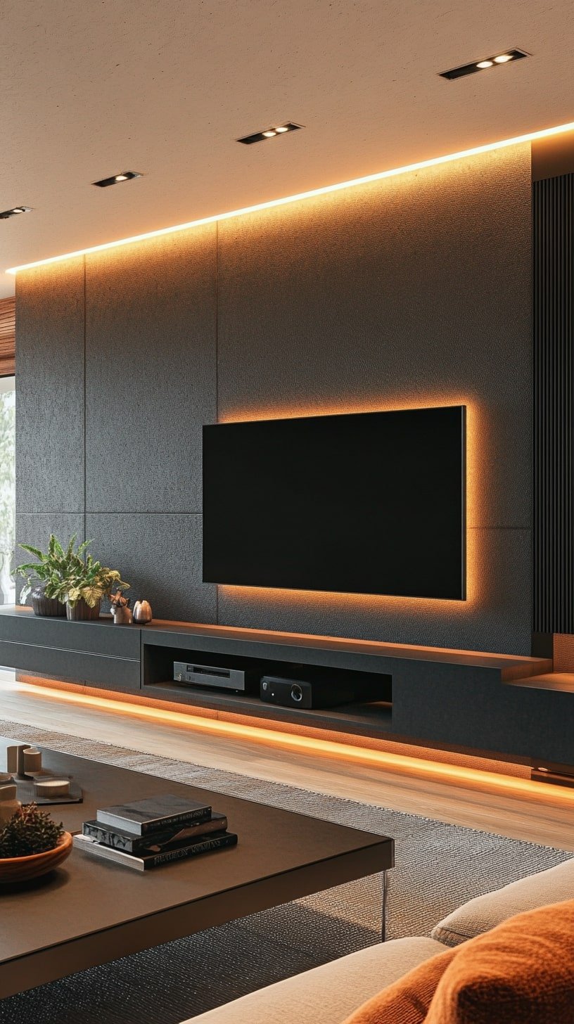 Compact Long Living Room with Floating TV Wall and Linear Sofa