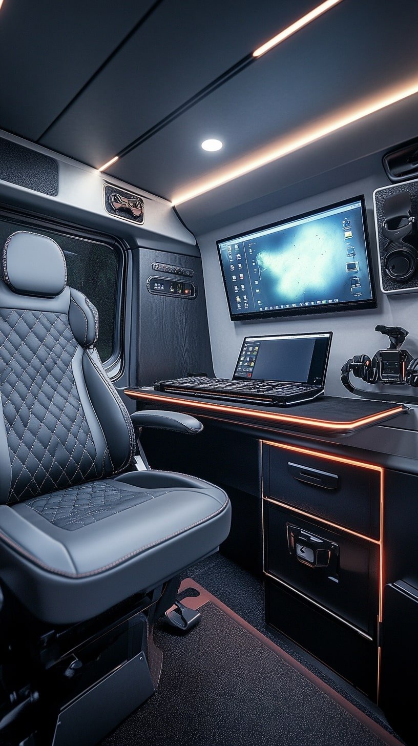 Compact Office Van Layout with Swivel Chair and Monitor Mount