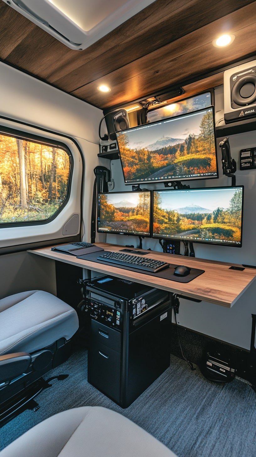 Compact Tech-Heavy Van with Mounted Screens and Keyboard Tray