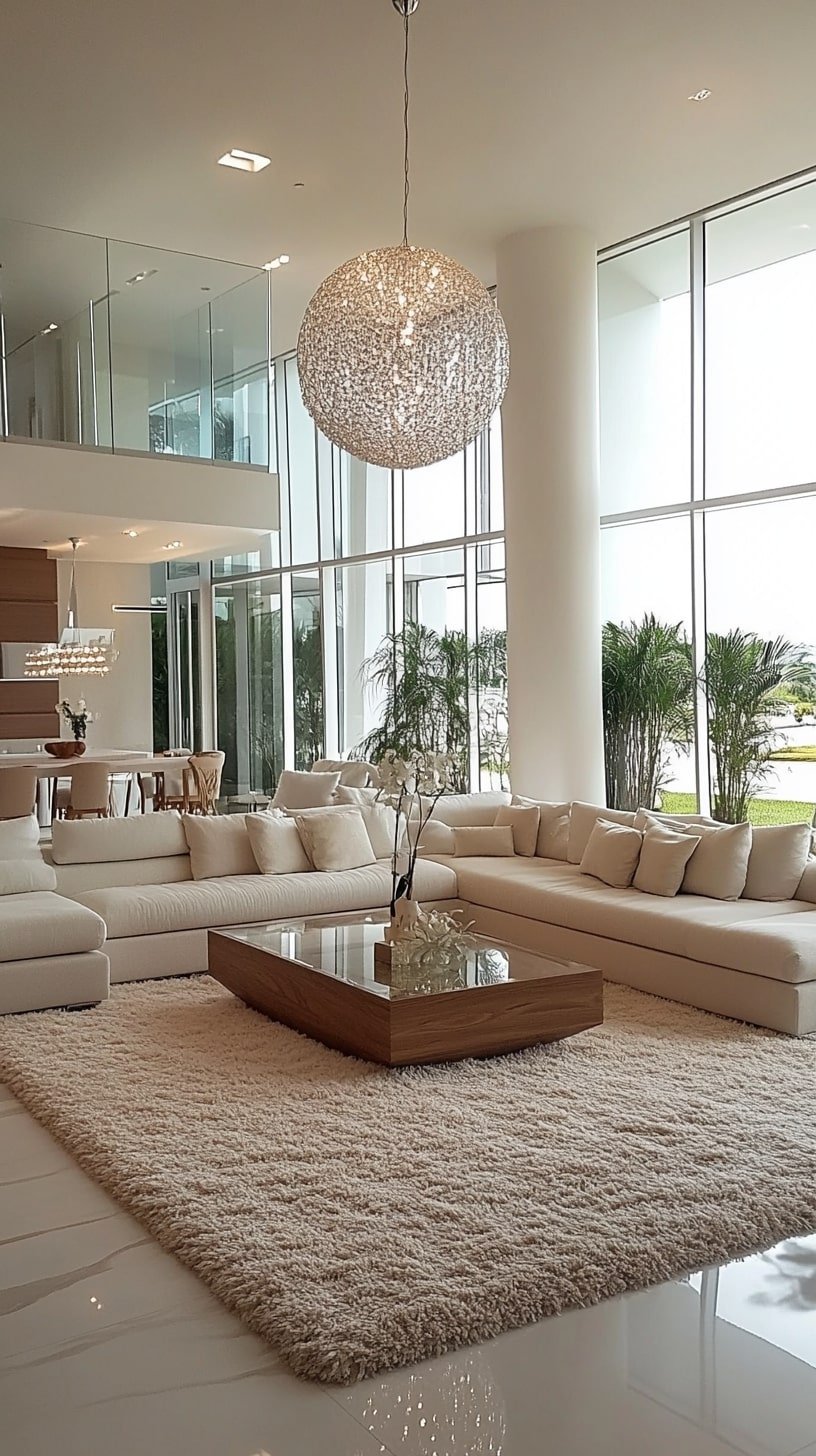 Contemporary Living Room with Floor-to-Ceiling Windows and Neutral Palette