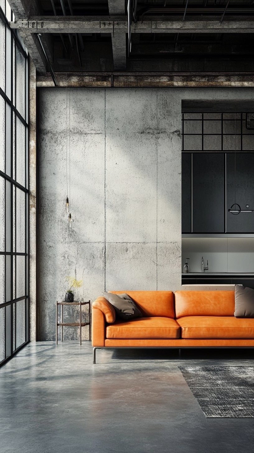 Contemporary Loft with Orange Leather Couch and Concrete Floors