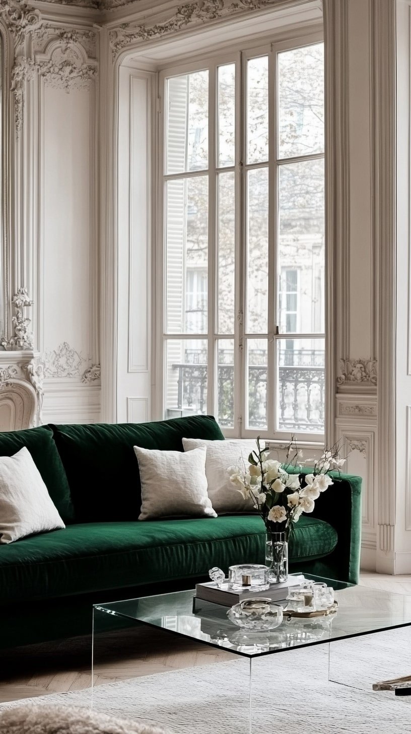Contemporary Lounge with Velvet Sofa and Glass Coffee Table