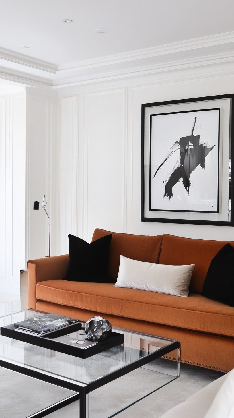Contemporary White Living Room with Cognac Sofa and Black Accents