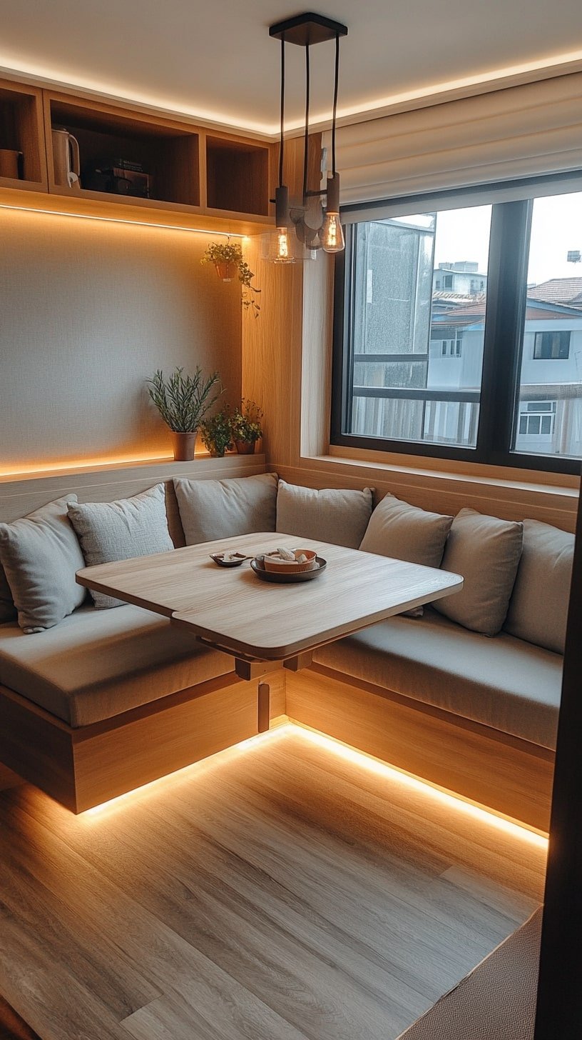 Corner Living Space with L-Shaped Built-In Bench