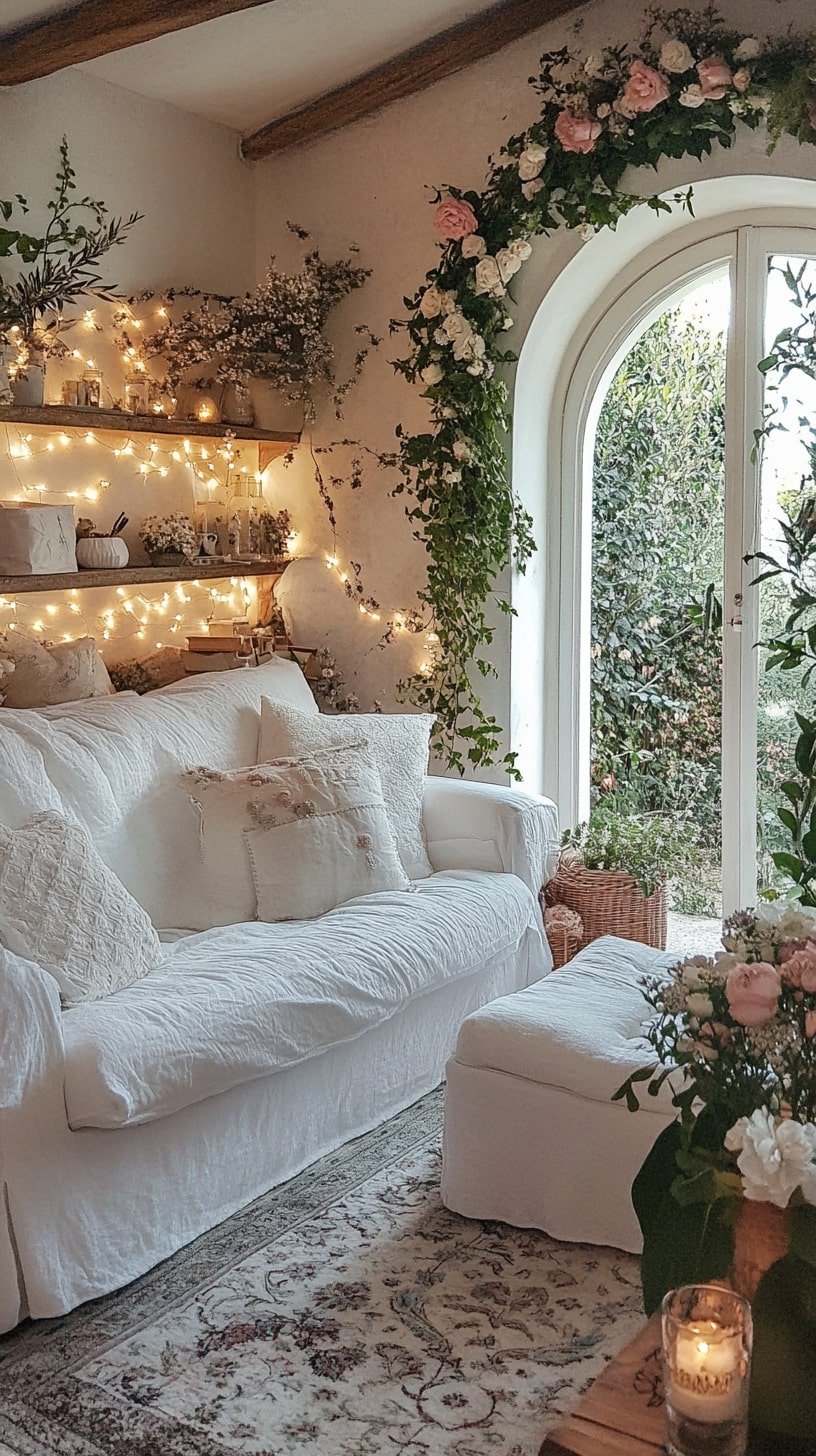 Cottage-Style Living Room with Garden Door View