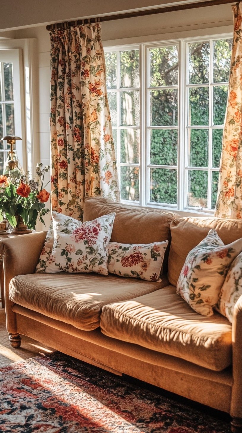  Cottage-Style Living Room with Tan Sofa and Floral Drapes