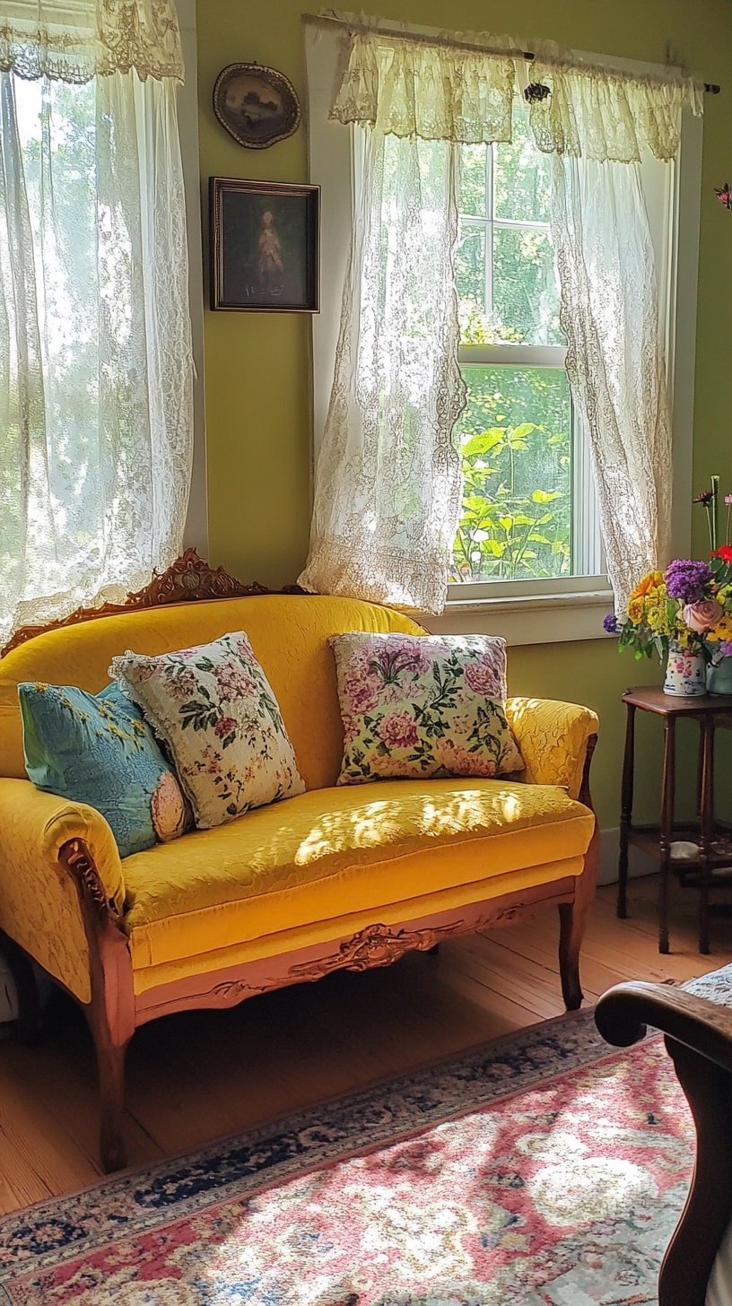 Cottagecore Living Room with Floral Accents and Yellow Sofa