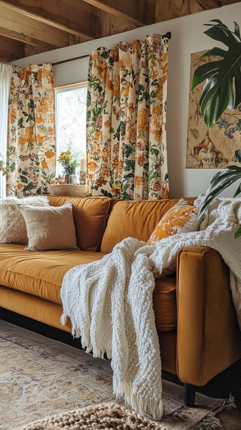 Cottagecore Room with Pumpkin-Colored Sofa and Floral Curtains