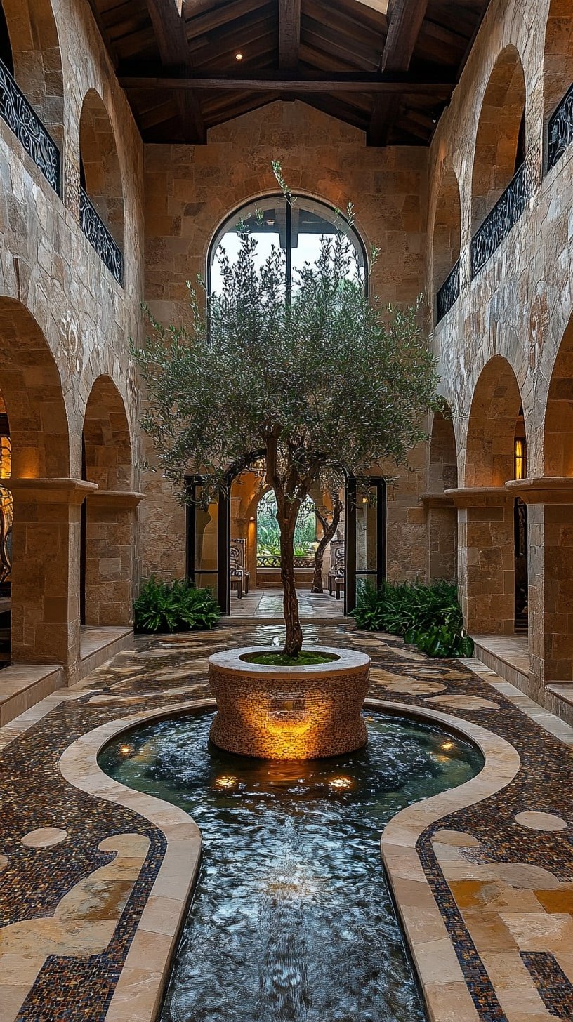 Courtyard-Style Living Room with Indoor Fountain and Arched Doorways