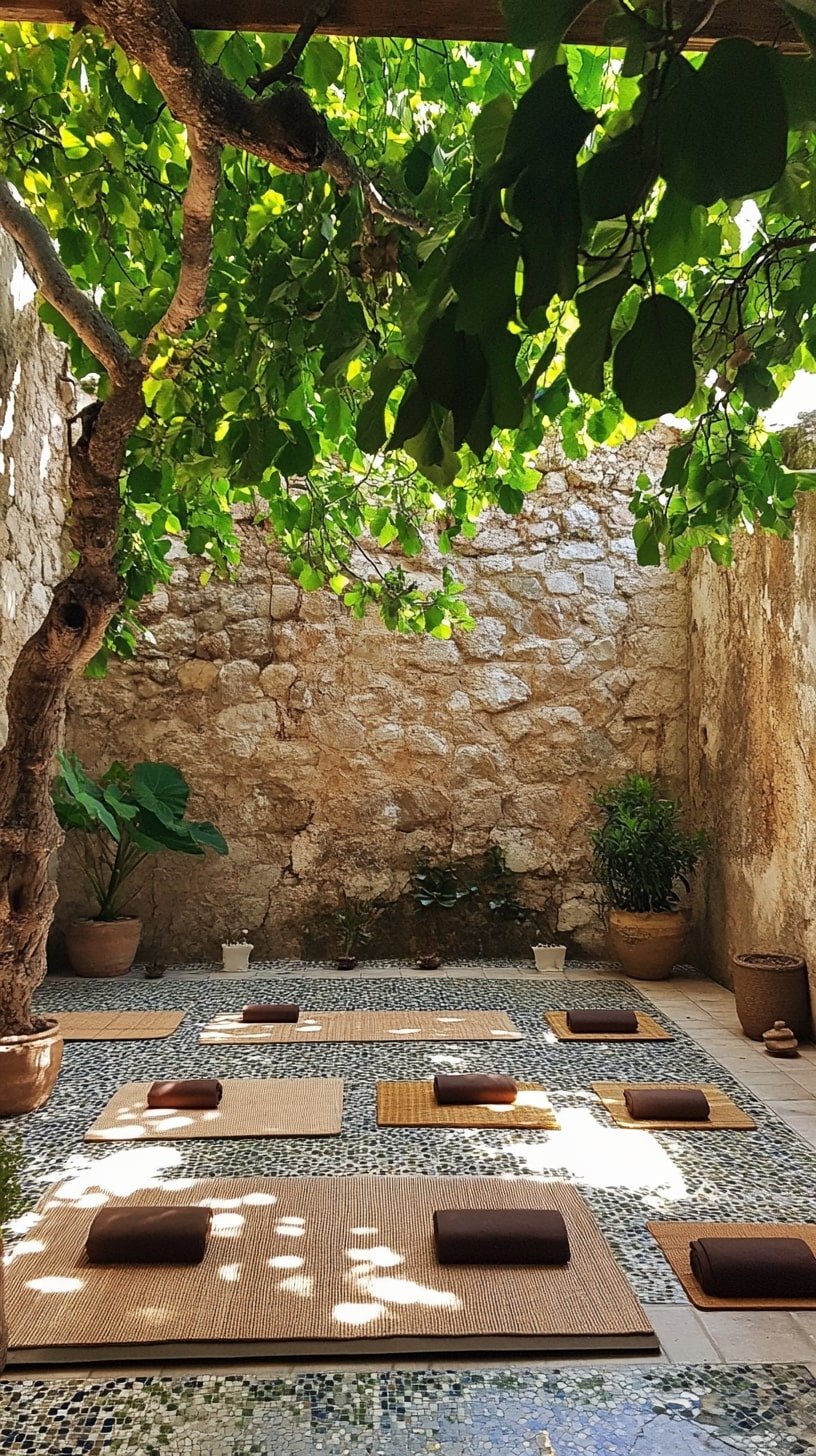 Courtyard Yoga Space with Stone Walls and Trees