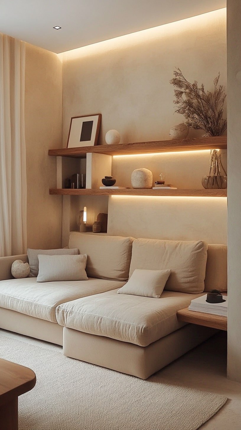 Cozy Apartment with Tan Loveseat and Floating Shelves