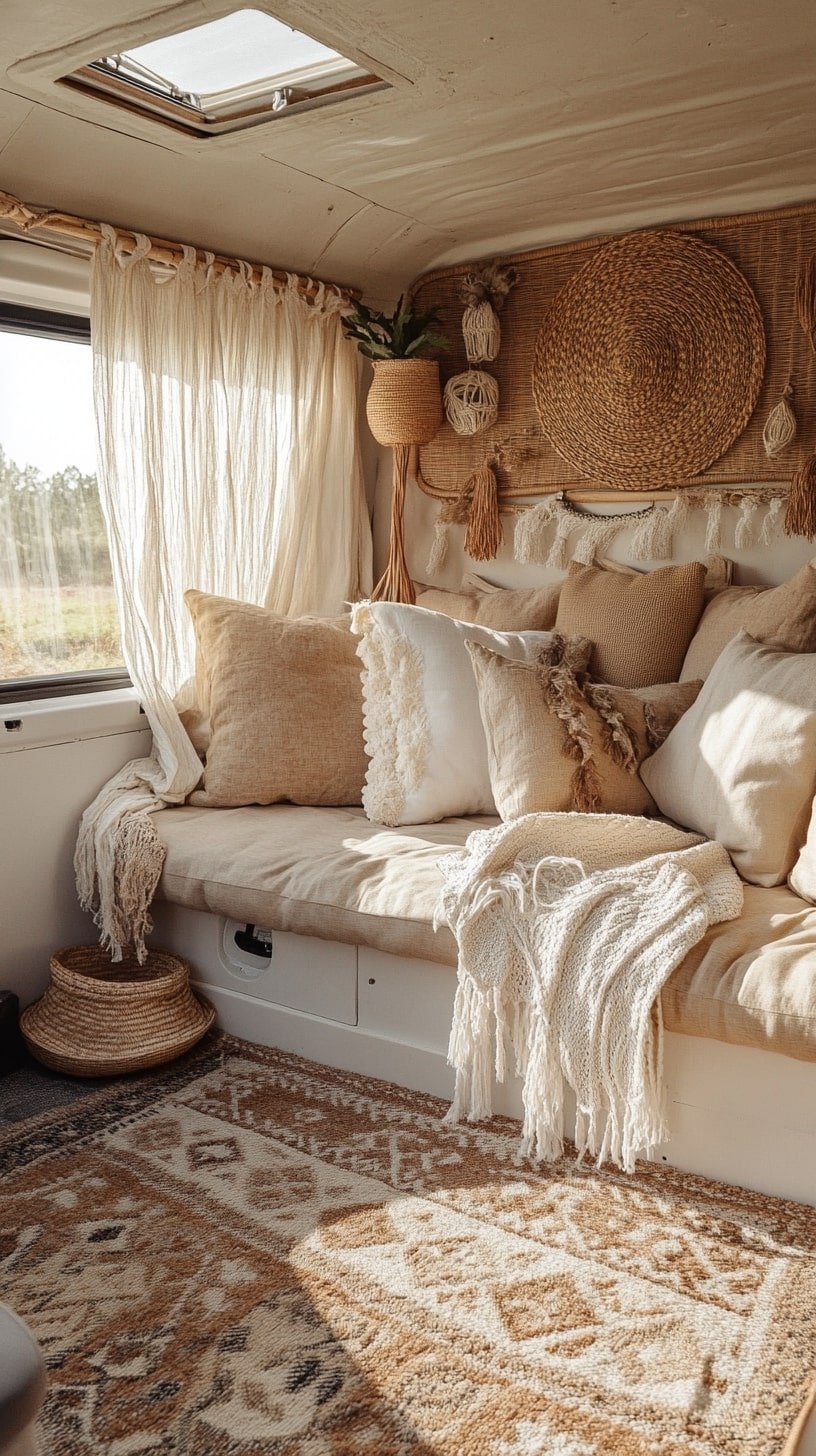 Cozy Camper Lounge with Woven Wall Art and Neutral Layers