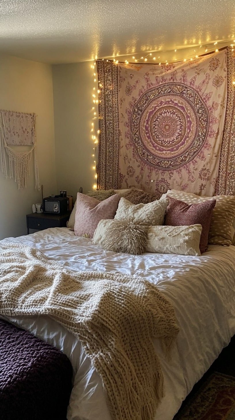 Cozy Dorm Bed Nook with String Lights and Tapestry
