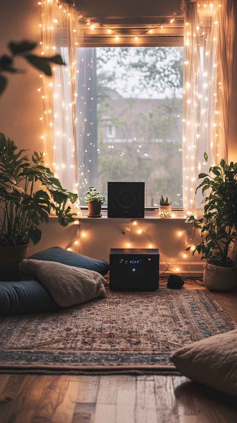 Cozy Home Studio with Warm Lighting and Relaxing Music Area