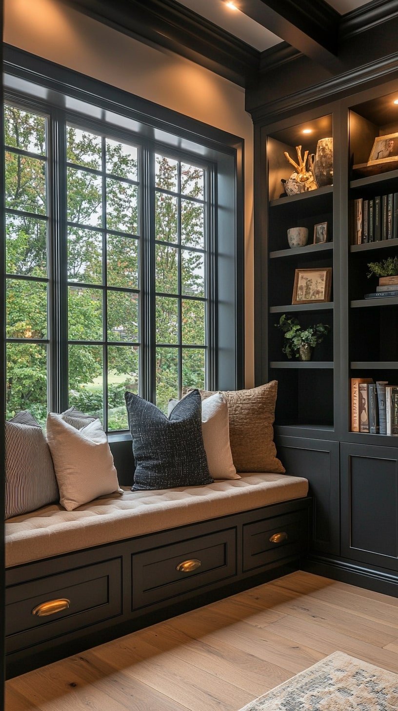 Cozy Narrow Living Room with Built-In Shelves and Window Seat