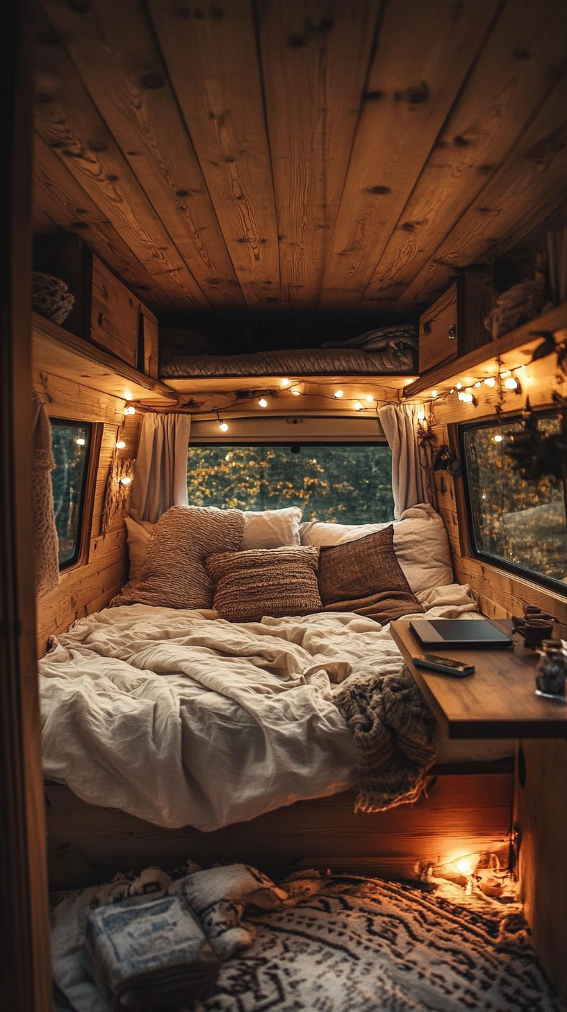 Cozy Wood-Panel Van with Rear Bed and Workstation