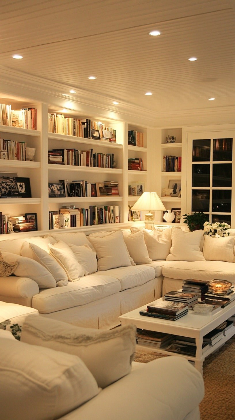Cream-Colored Living Room with Slipcovered Sofas and Built-In Bookshelves