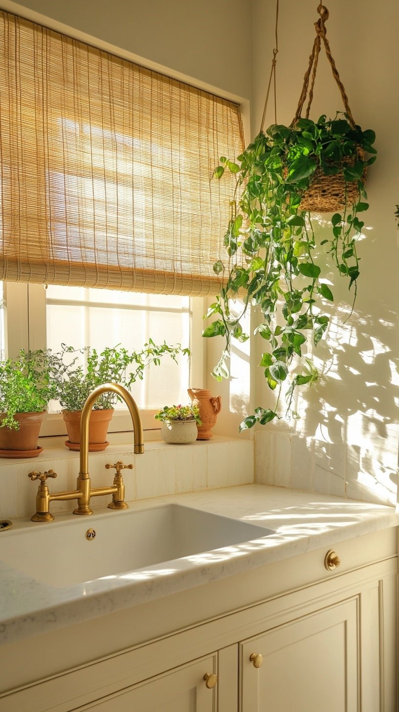 Cream and Gold Kitchen with Hanging Planters