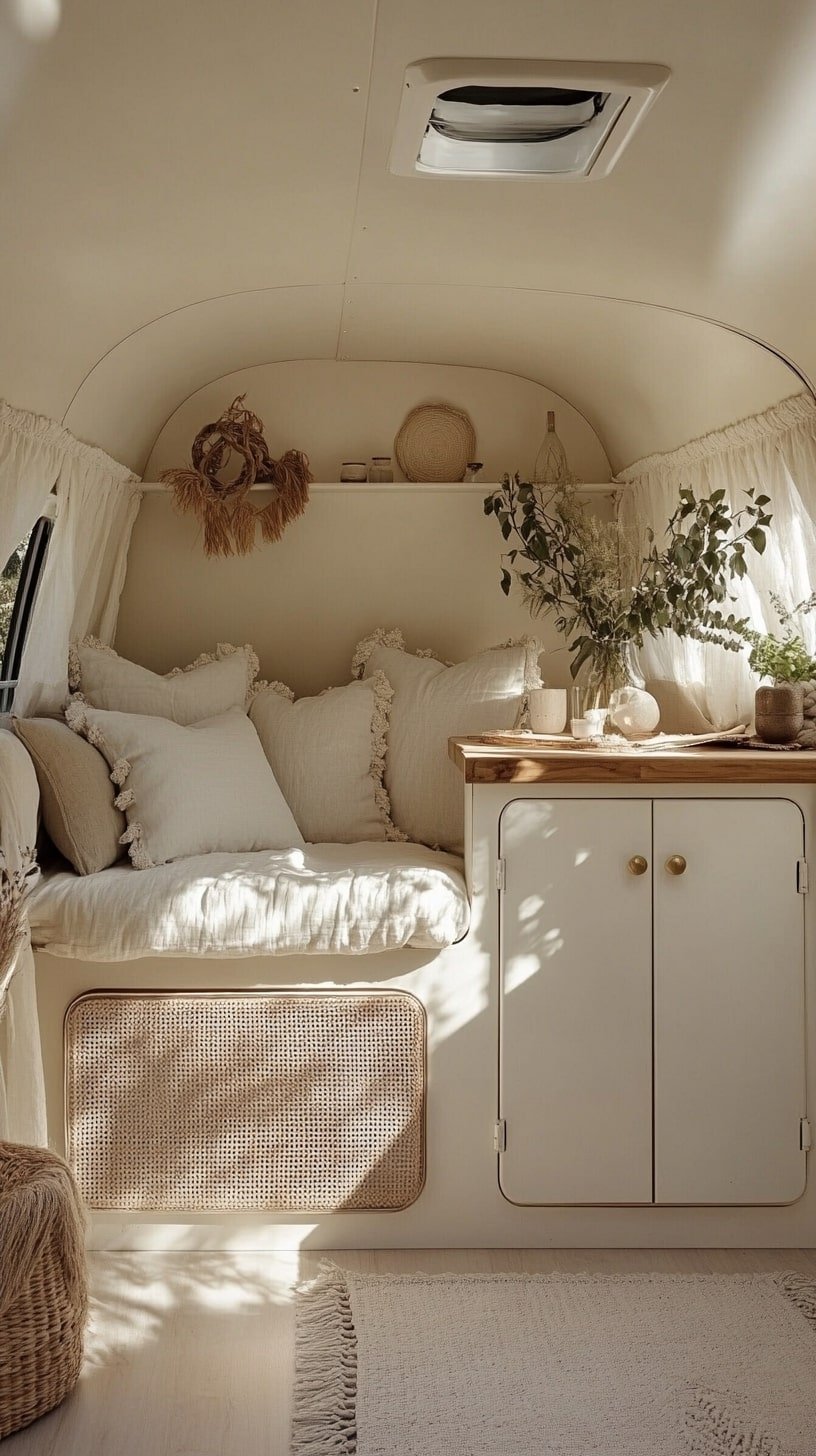 Cream and Rattan Interior with Arched Cabinets