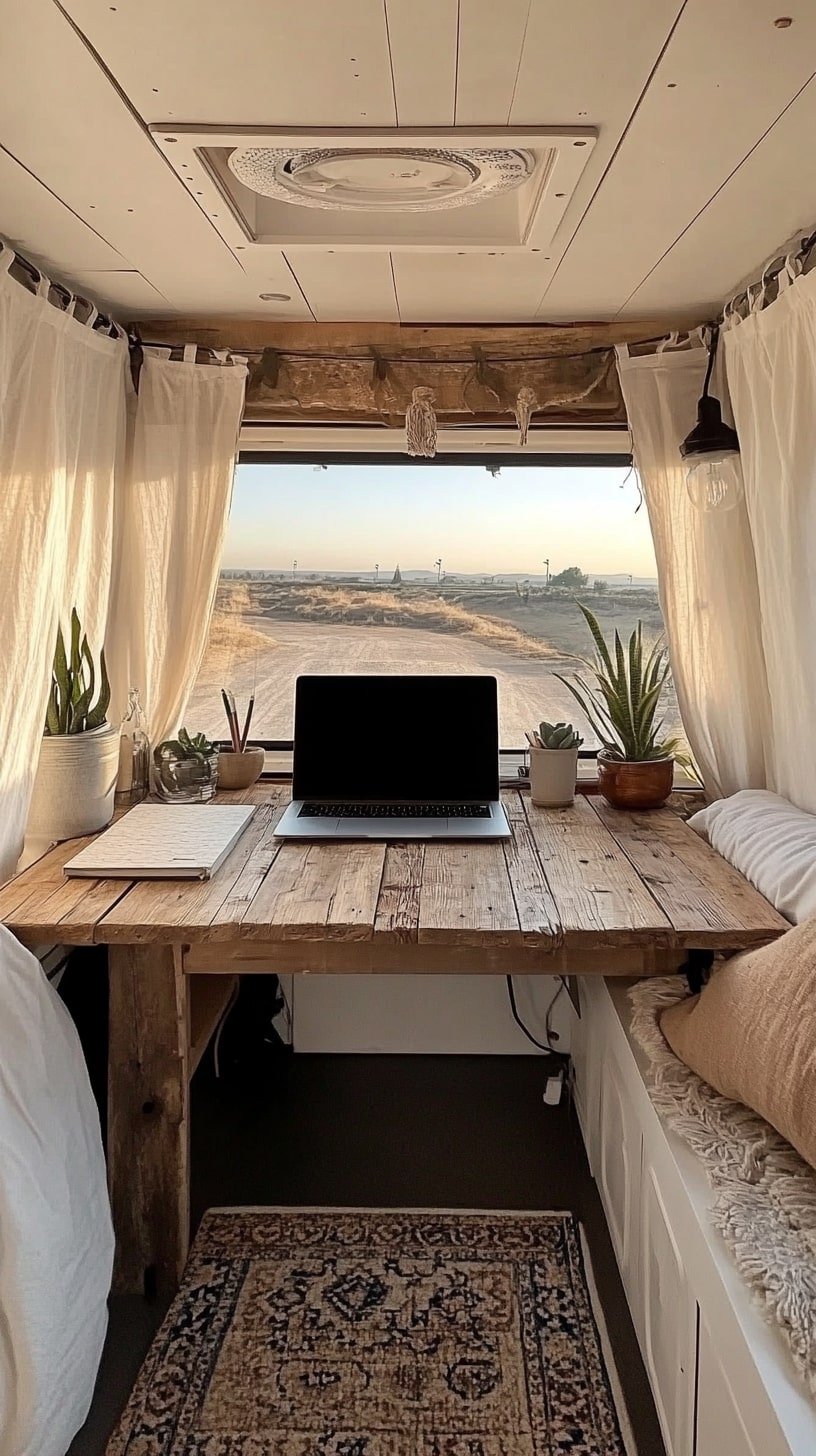 DIY Budget Camper Van with Simple Desk and Curtain Divider