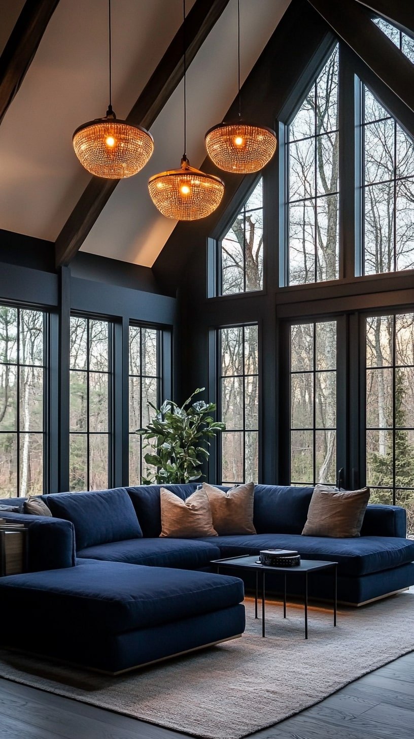 Deep Blue Couch with High Ceiling and Large Window View