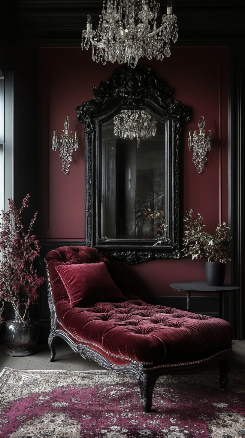 Deep Burgundy Living Room with Gold-Leaf Mirror and Crystal Sconces