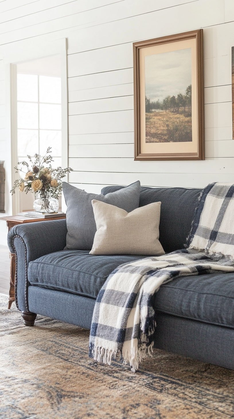 Denim Blue Couch in Casual Modern Farmhouse Room