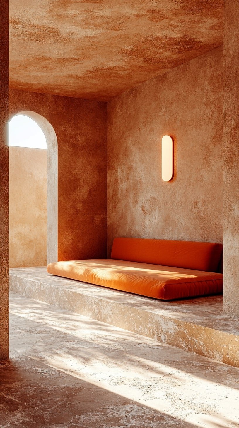 Desert Modern Room with Low Orange Couch and Warm Lighting