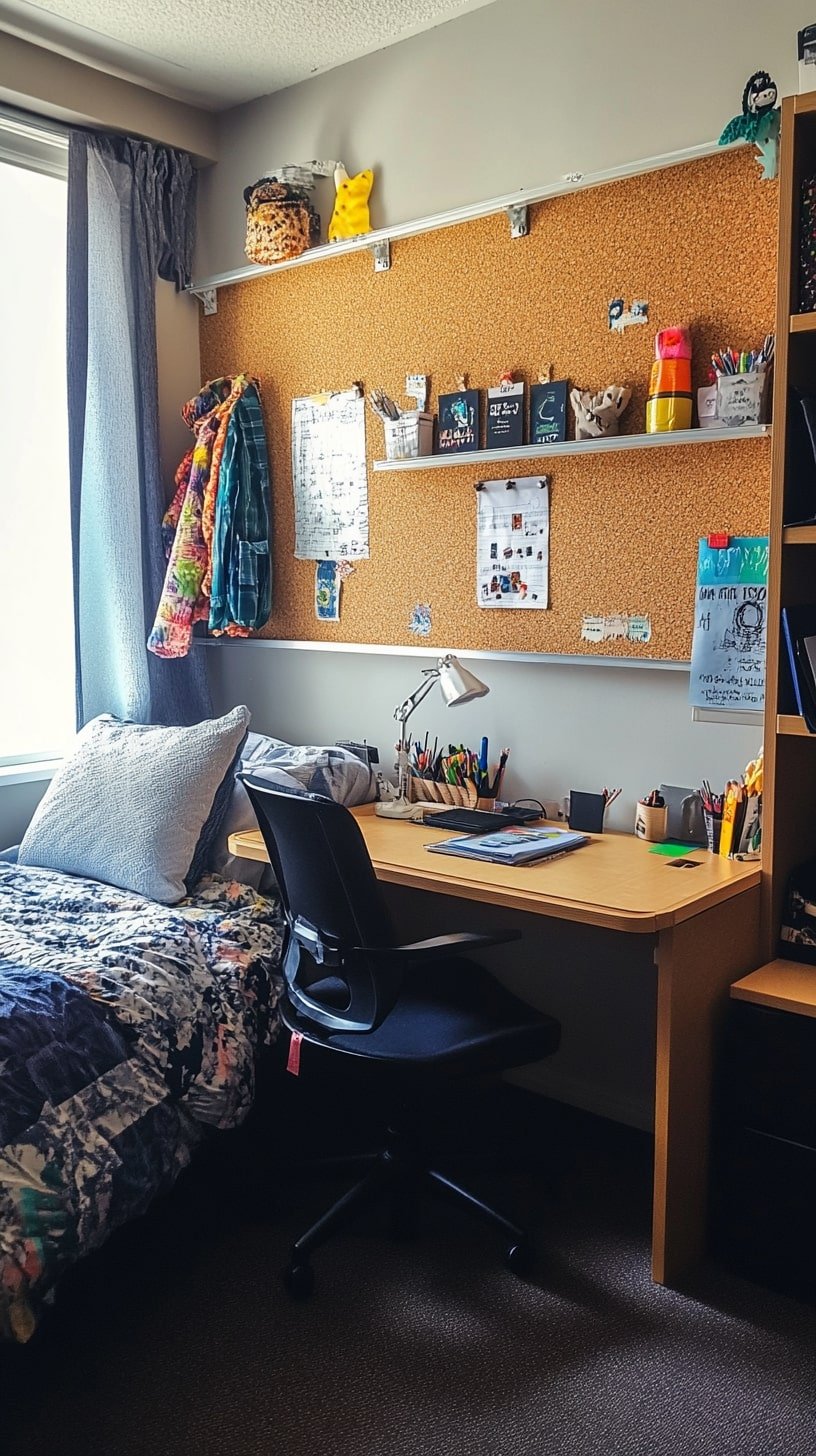 Dorm Room with Corkboard Wall and Peg Rails