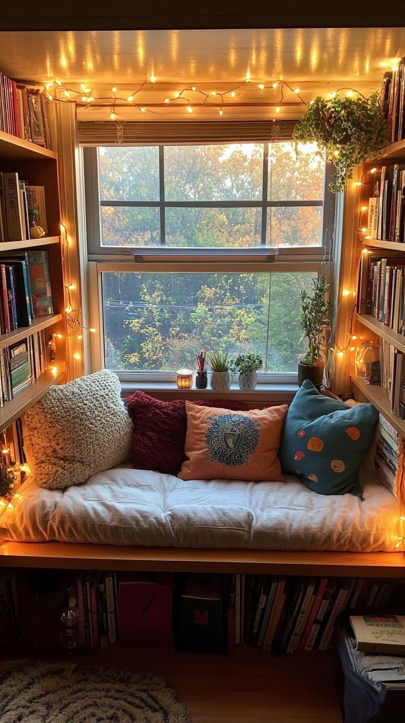 Dorm Room with Window Bench and Reading Corner