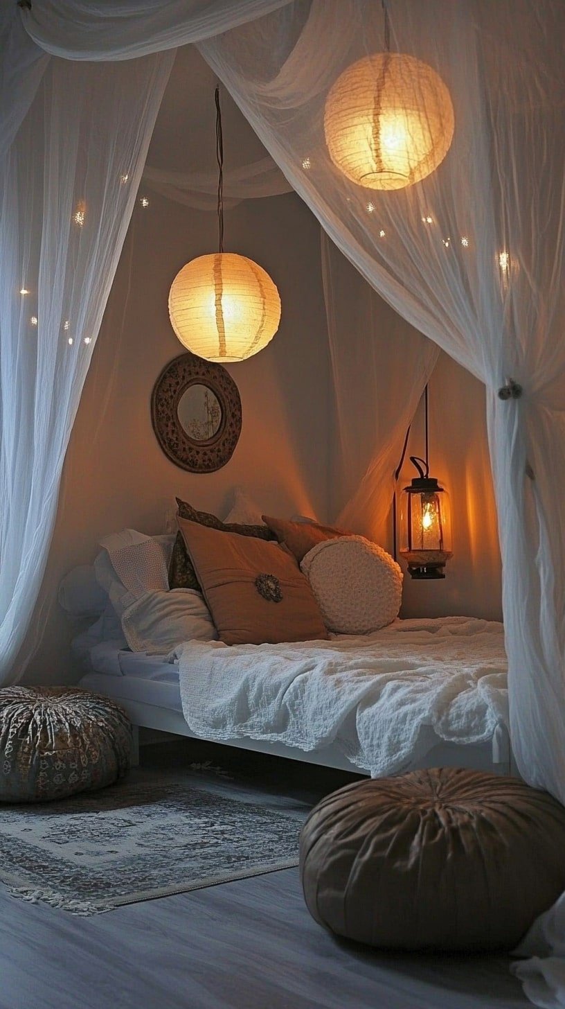 Dorm with Canopy Bed and Floor Cushions