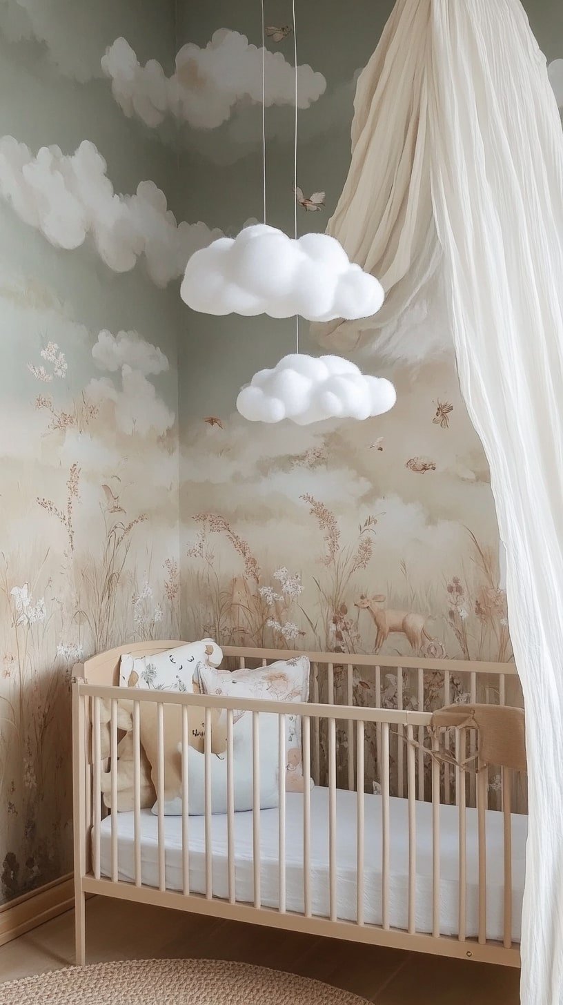 Dreamy Nursery with Cloud Mobile and Sheer Drapery