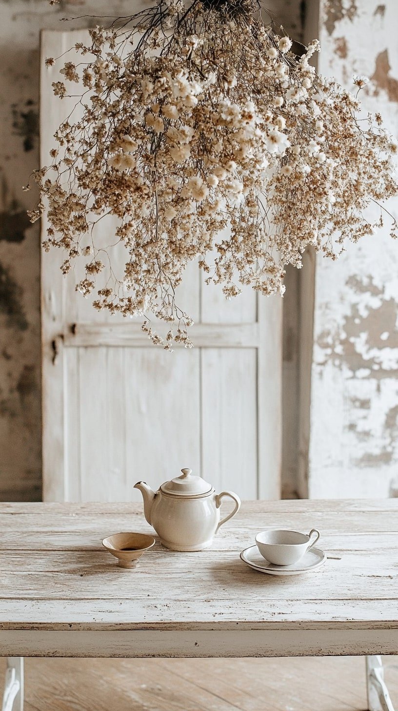 Dried Flower Chandelier Over Vintage Coffee Table