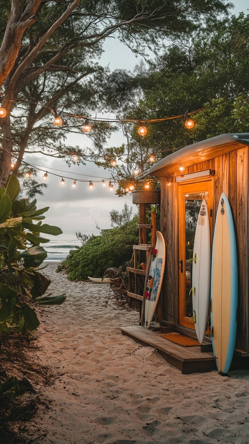 Driftwood-Covered Tiny House with Surfboard Rack